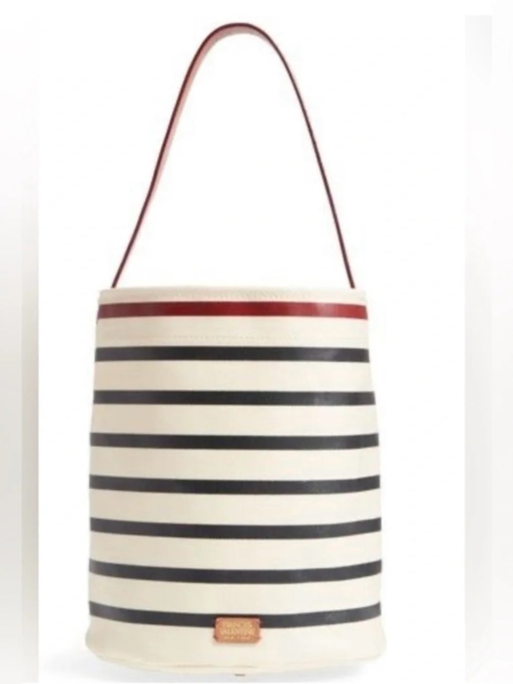 Frances Valentine Striped Bucket Bay in Cream, Navy Red  Coated Canvas EUC